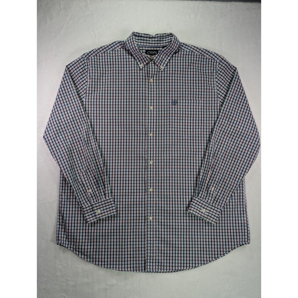 Chaps Stretch Easy Care 2XLT White,Navy,Red,Green Plaid Long Sleeve Buttton Down